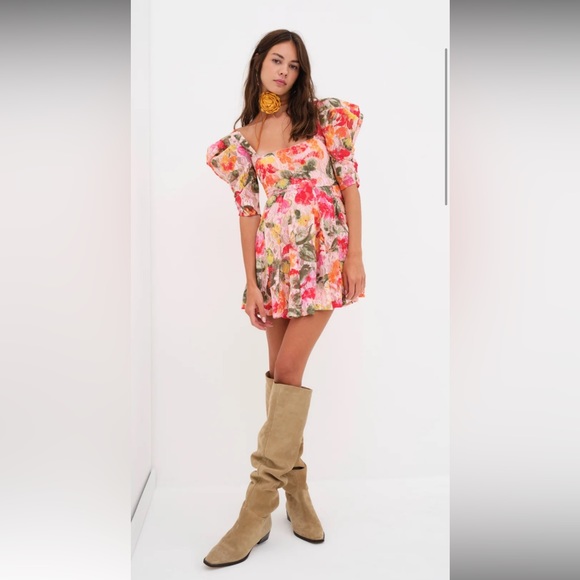 For Love & Lemons Dascha Puff Sleeve Mini Dress Light Pink Floral Lace Large NWT - Picture 4 of 16